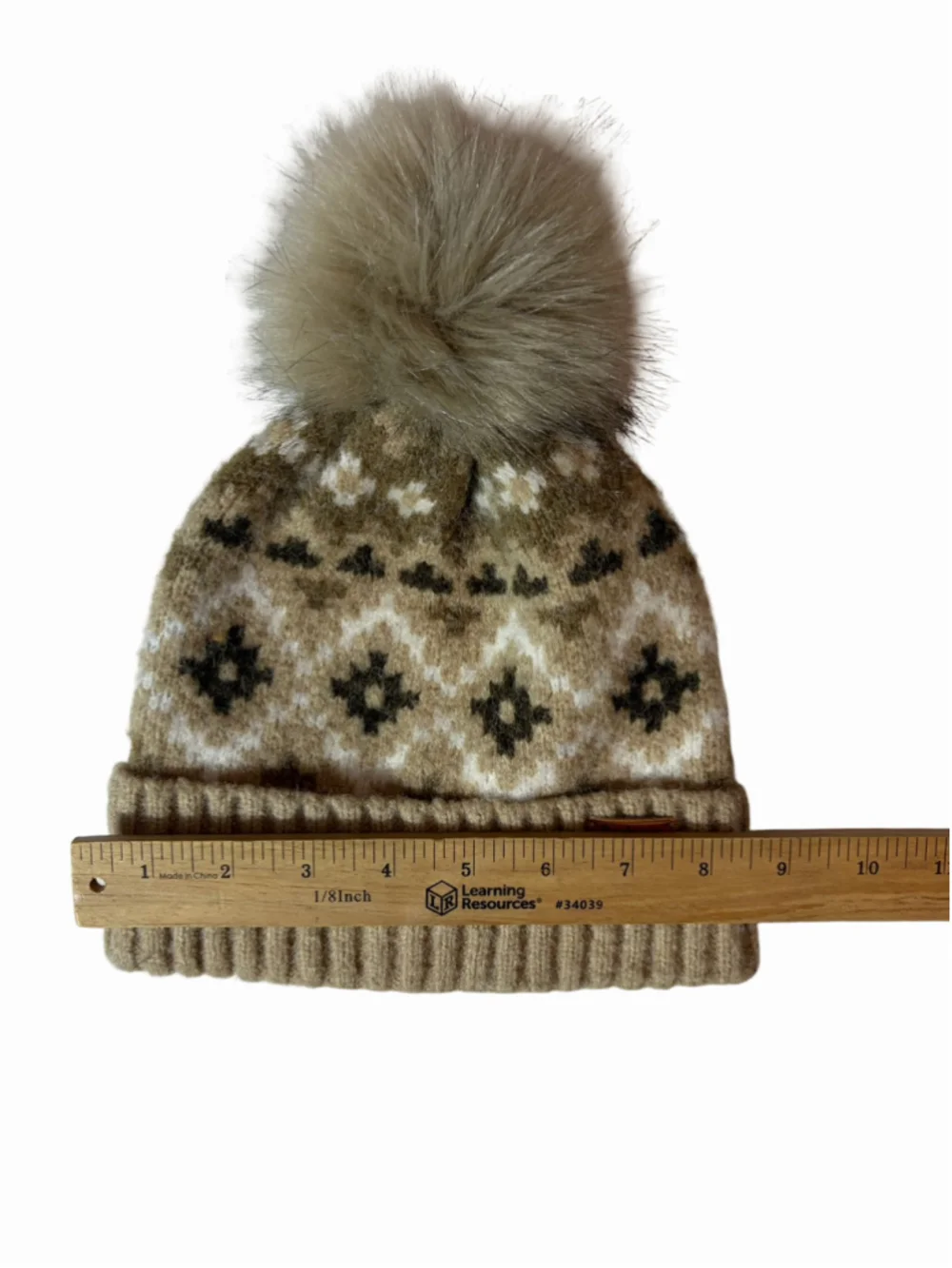 Barbour Alpine Fair Isle Faux Fur Pom Beanie Hat Taupe Nordic Winter